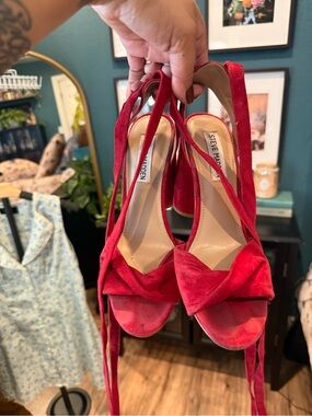 Steve Madden Red Suede Tie-Strap Block Heel Sandals